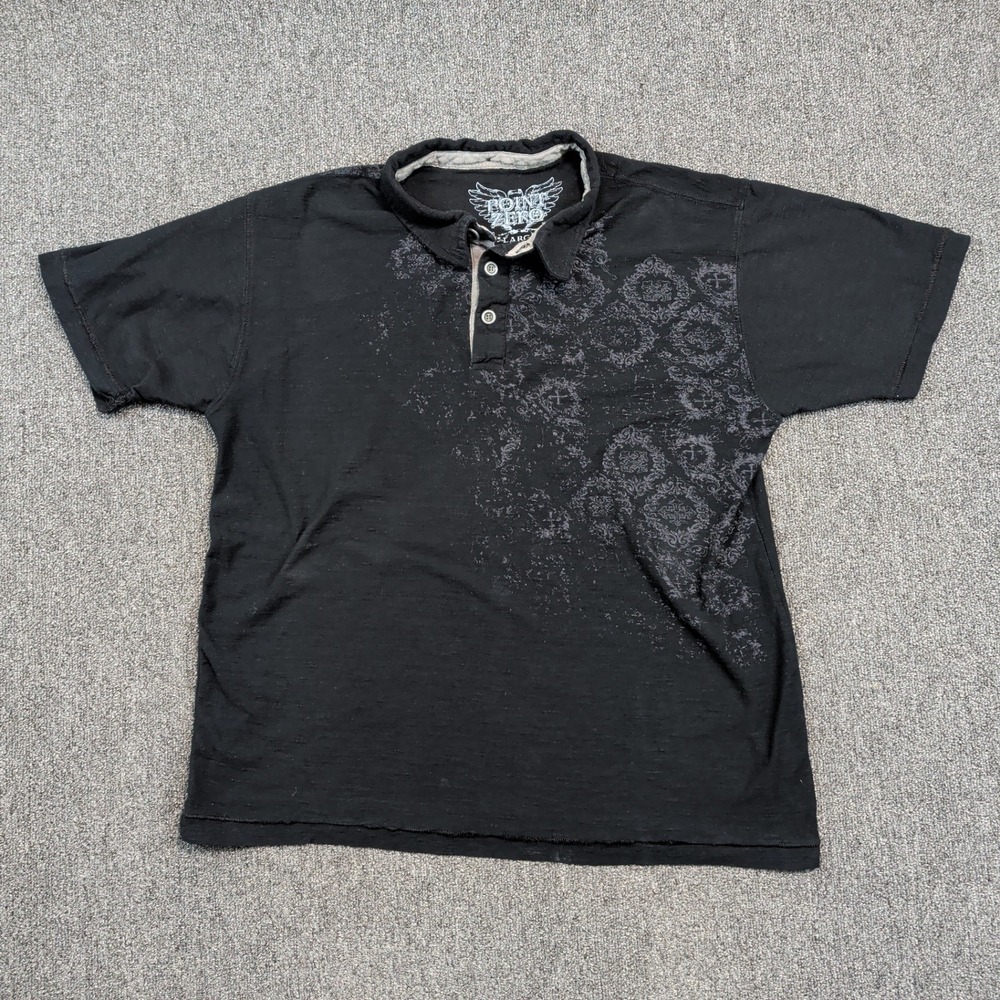 Point Zero Y2K Mall Goth Polo Shirt Large Black Cotton Distressed Grunge Slub